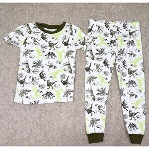 Members Mark 3T Boys Pants Short Sleeve 2 Piece Pajama Set Dinosaur Green White